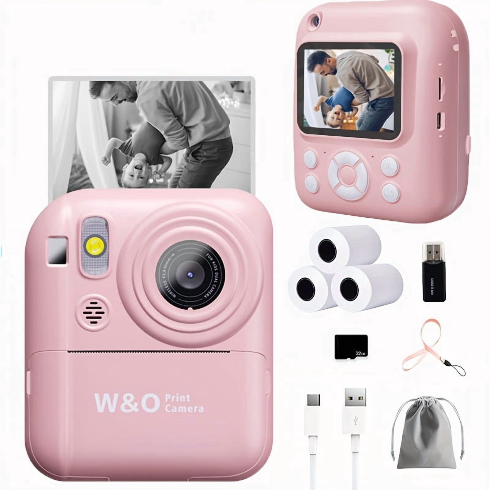 Instant Print Digital Camera with 2.4" Screen - 48MP FHD Photo Printer, Flash, MP4, Puzzle Game, Includes 32GB TF Card & Reader, Mini Portable Camera for Kids Gift