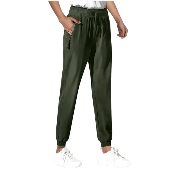 DeHolifer Women Pants Plus Size Summer Casual Drawstring Zipper Pocket Elastic Waisted Full Length Pants Army Green 2XL