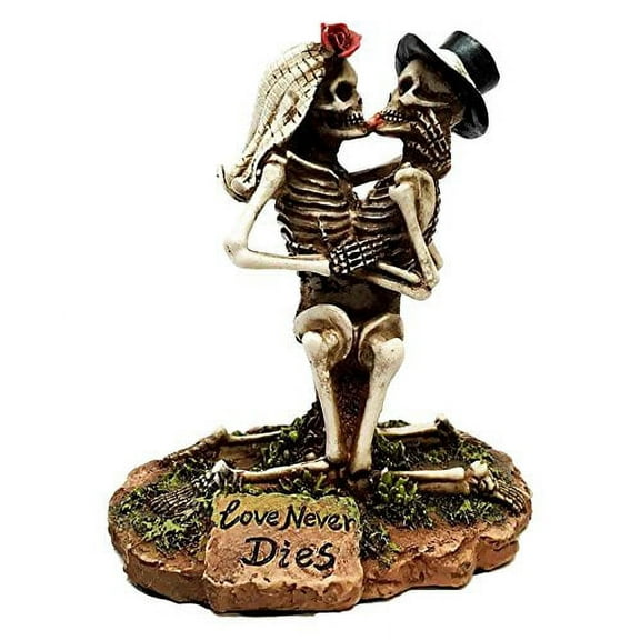 WEDDING SKULLS LOVE NEVER DIES FRENCH KISSING COUPLE SKELETONS FIGURINE
