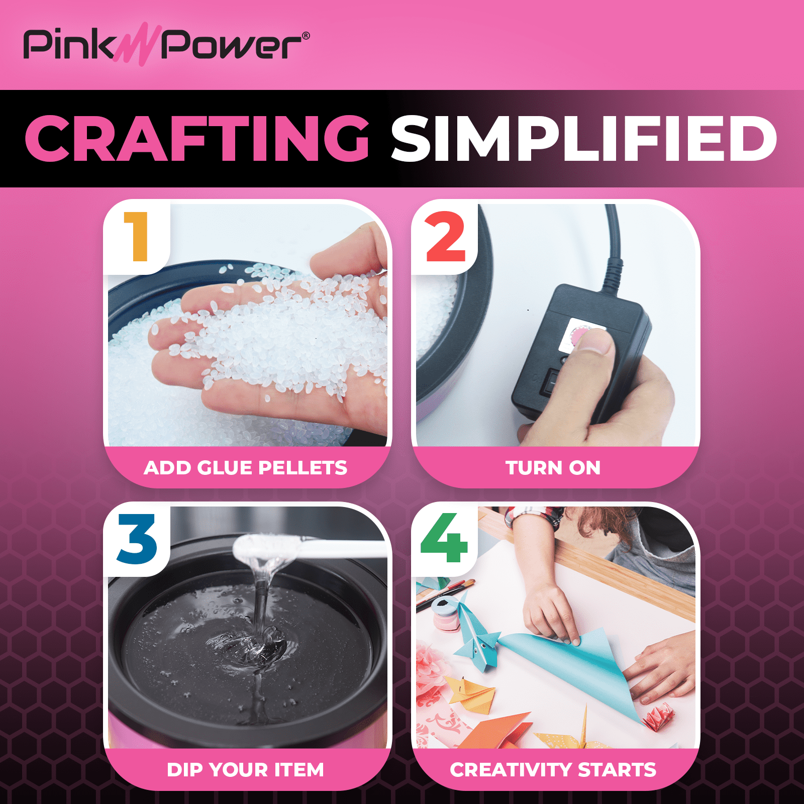 Pink Power Electric Hot Glue Pot for Crafts w/Adjustable Temp 225-400 F - 160ml Hot Glue Skillet for Crafting - Hot Glue Pots for DIY Crafters - Mini Electric Skillet Hot Glue Stick Glue Pellet Pot
