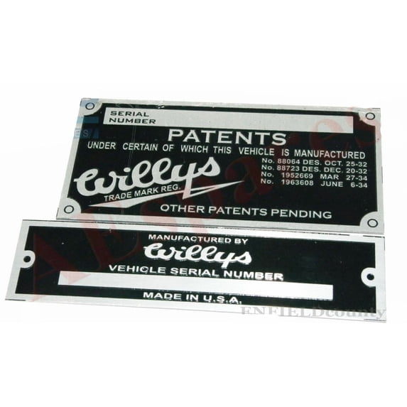 Vehicle Serial Number Data Patents Plate For Jeeps Willys