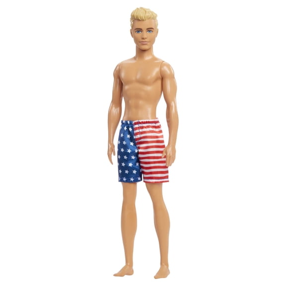 Ken Doll Wearing American Flag Swimsuit, Barbie Pool and Beach Toys