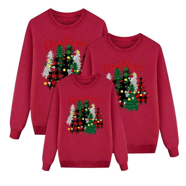 Dsscvnef Tenues Familiales Assorties Imprimé Arbre de Noël Col Rond Chandail à Capuchon pour Tenue Décontractée Familiale Vacances (Enfants) Pyjamas à Carreaux pour Famille et Chien