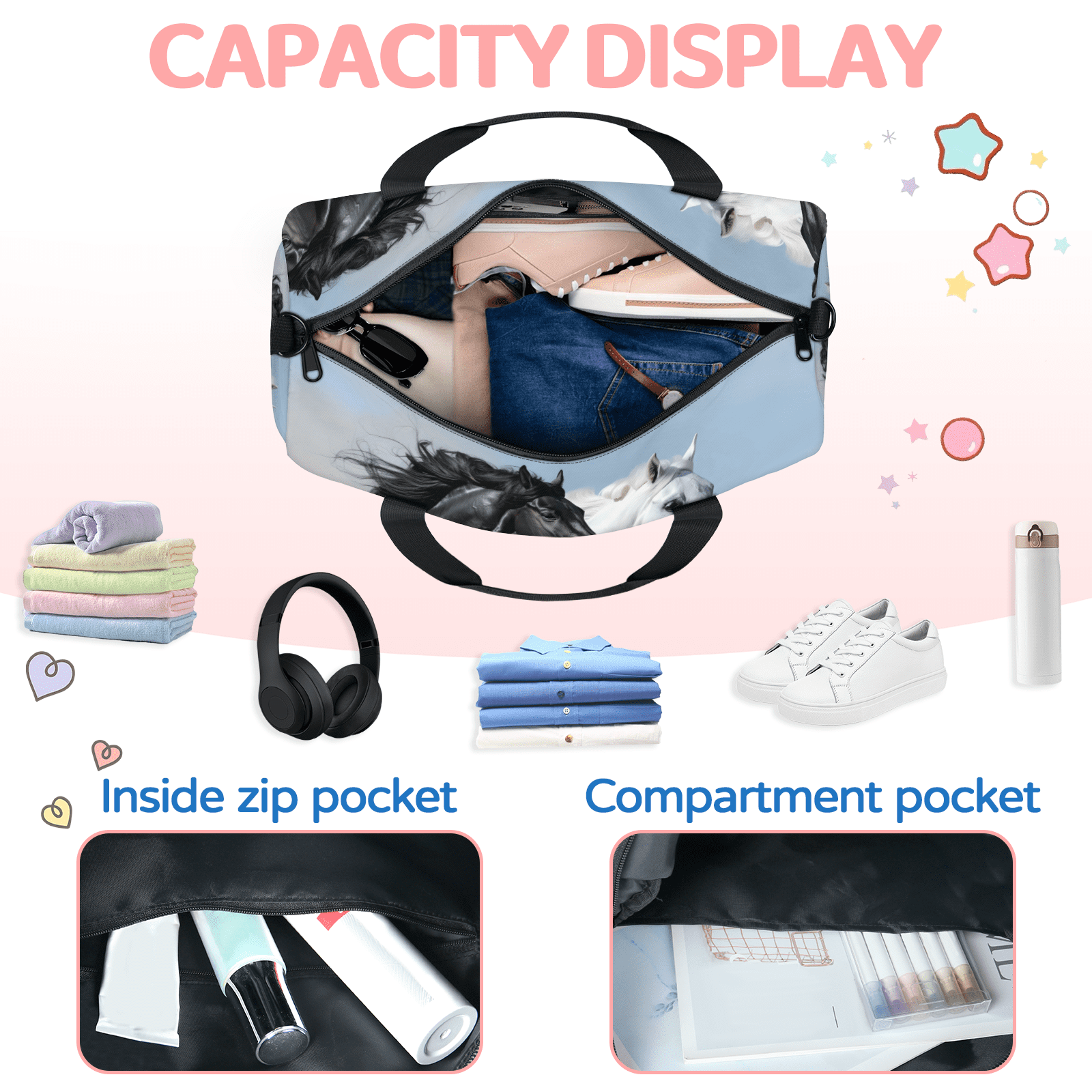 Herdesigns Horse Travel Duffle Bag Sports Yoga Weekender Overnight Carry on Workout Bags Lightweight Waterproof Gym Tote Bag for Women