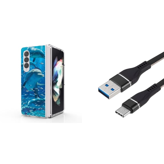 Accessory Bundle for Galaxy Z Fold 4: Slim Snap-On Case (Dolphins), Nylon Braided USB-C to USB-A Cable (3 Feet)