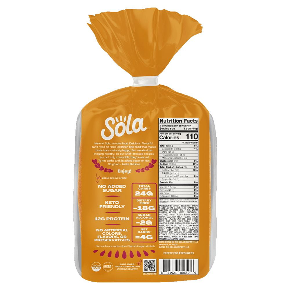 Sola Golden Wheat Hot Dog Buns, Non-GMO, 9 oz, 4 Count