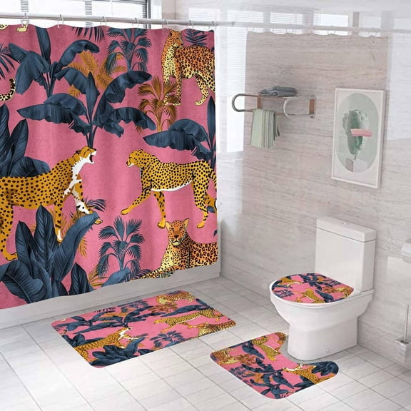 4PCS Leopard Shower Curtain Sets with Rugs, Plant Shower Curtain, Waterproof Fabric Shower Curtain, Modern Plant Leaves Leaf American Wildlife Wild Animal Safari African Cheetah Bathroom Decor