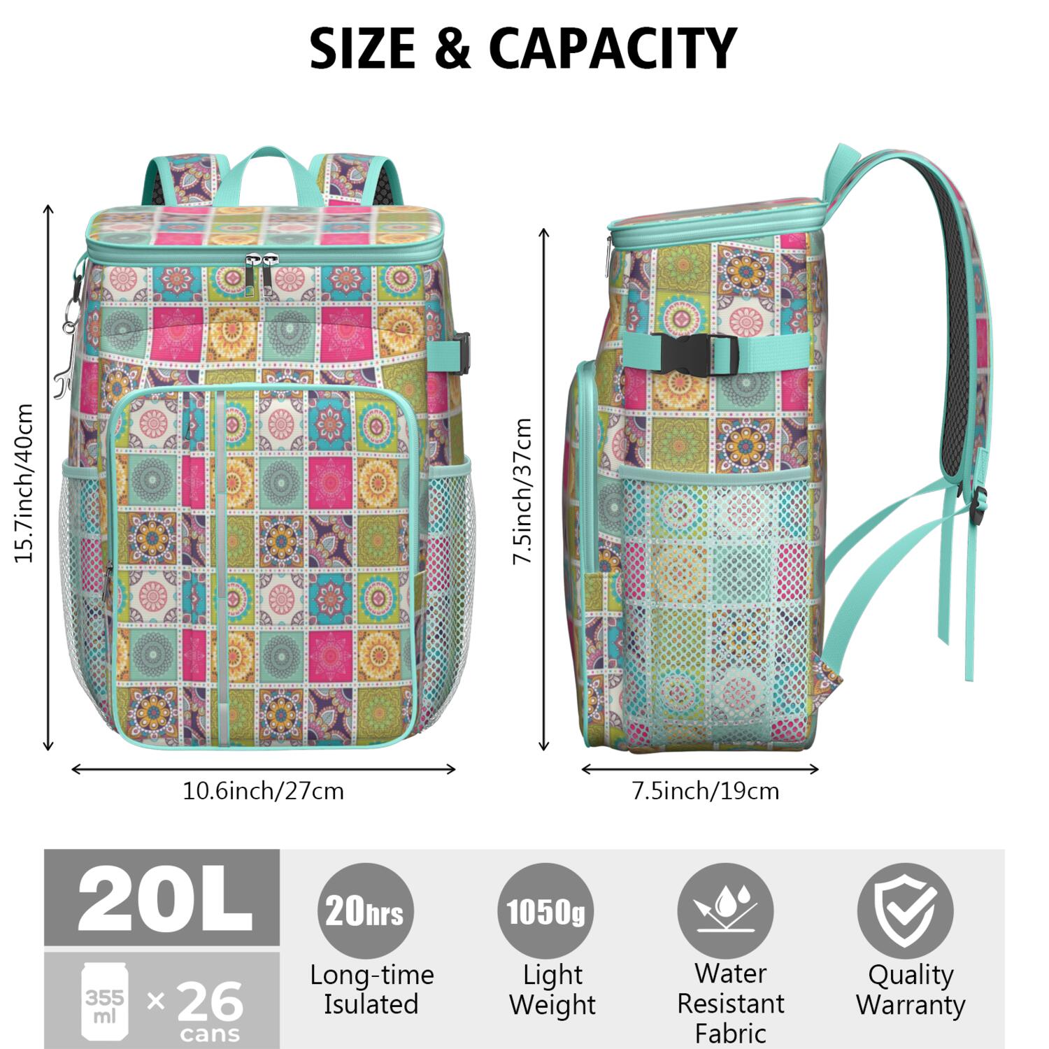 Travel Cooler Bag - Boho Bohemia Flower Camping Beer Cooler Backpack with Bottle Opener- Waterproof Insulated Picnic Backpacks - Cooler Bag for Beach