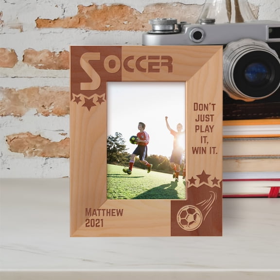 Soccer Don't Just Play It Win It Personalized Wooden Frame 3 1/2" x 5" Brown (Vertical)