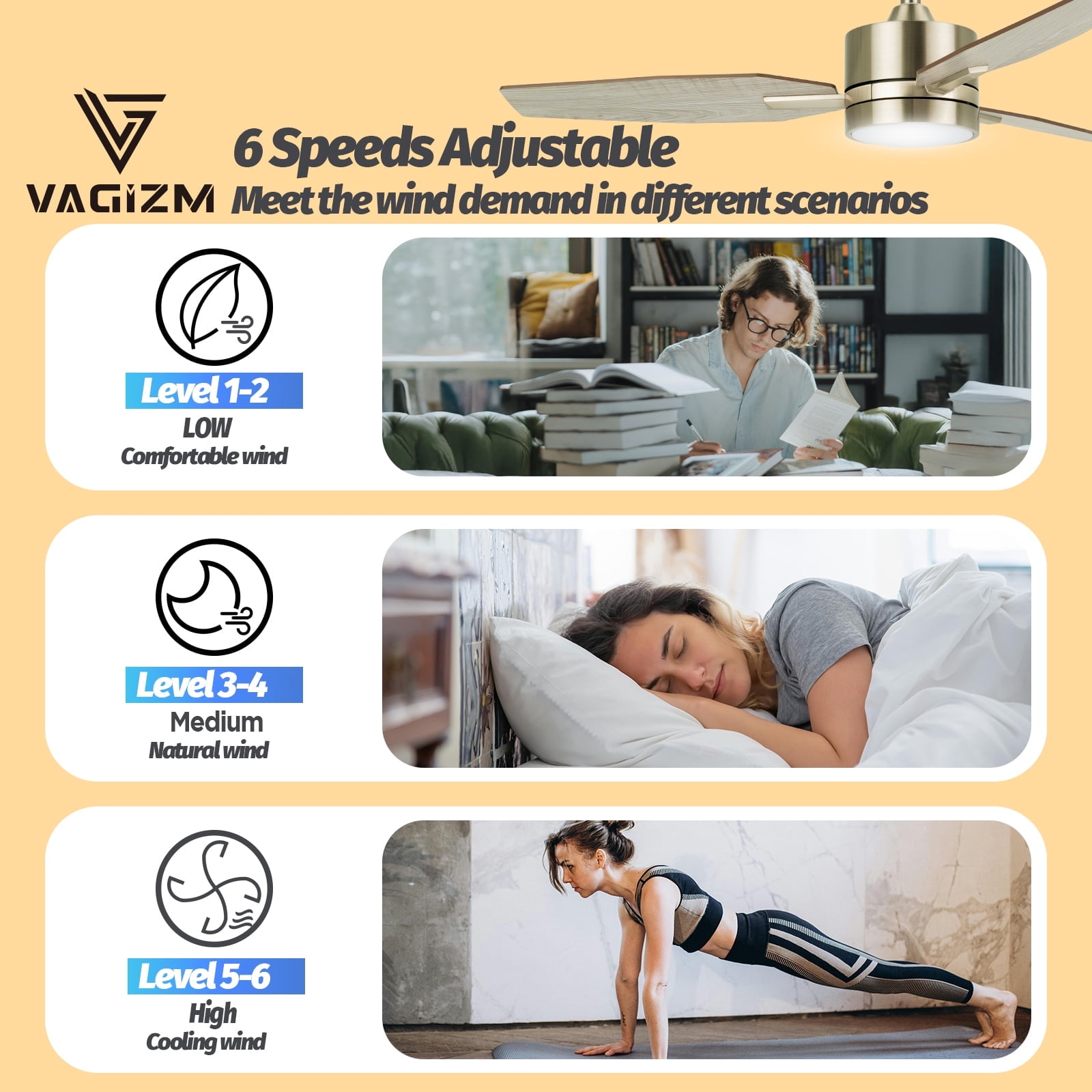 Vagizm 42 Inch Ceiling Fan with Light - 3 Blades Modern Ceiling Fan for Living Room and Bedroom - Quiet DC Motor - 3CCT - 6 Speeds - Dimmable - Reversible Function - Light Wood Tone