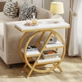 thumbnail image 3 of End Table for Living Room, 3-Tier Faux Marble Side Table with Storage, Wood Narrow Sofa Side Table with Geometric Metal Frame, Modern Nightstand and Bedside Table for Bedroom, Gold & White, 3 of 14