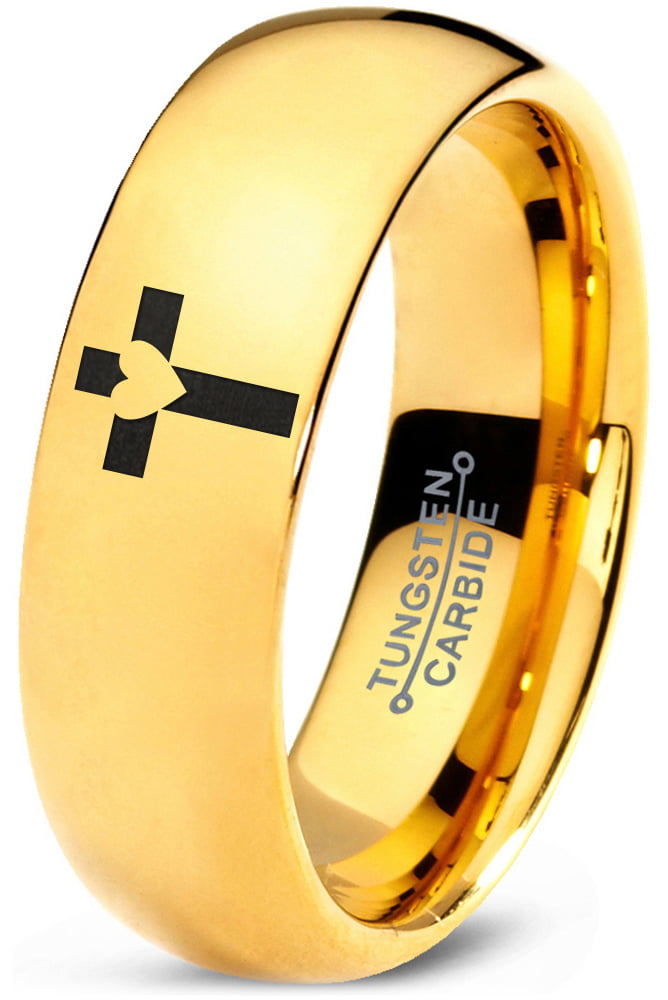 Tungsten Heart Cross Band Ring 7mm Men Women Comfort Fit 18k Yellow Gold Dome Polished