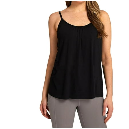Built in Bra Tank Tops for Women Plus Size Wireless Casual Solid Loose Spaghetti Strap Camisoles Scoop Neck Sleeveless Modal Cami Top