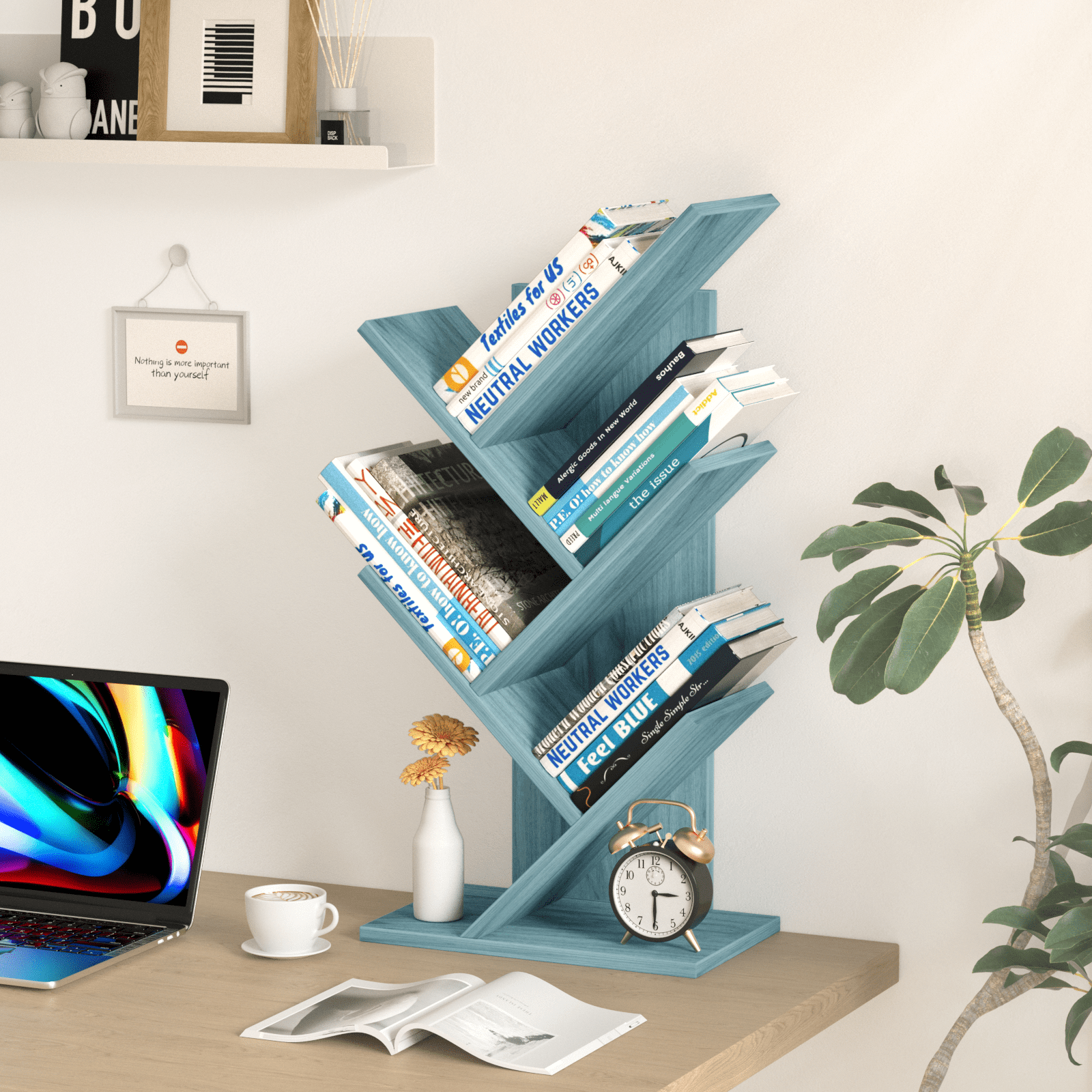 LELELINKY 5 Tier Tree Book Shelf, Small Desktop Bookshelf with Storage Organizer, Floor Standing Organizer Bookcases for CDs, Magazine, Books - Blue