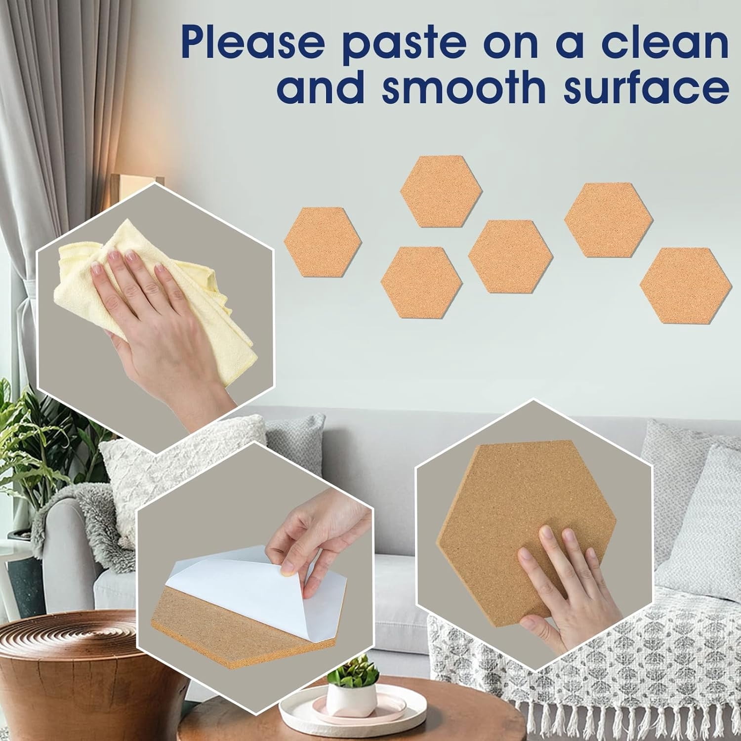 Bexikou 6 Pack Cork Board Hexagon Bulletin Boards Cork Tiles,Self-Adhesive Corkboards with Push Pins,Decorative Display Boards for Wall Home School Office