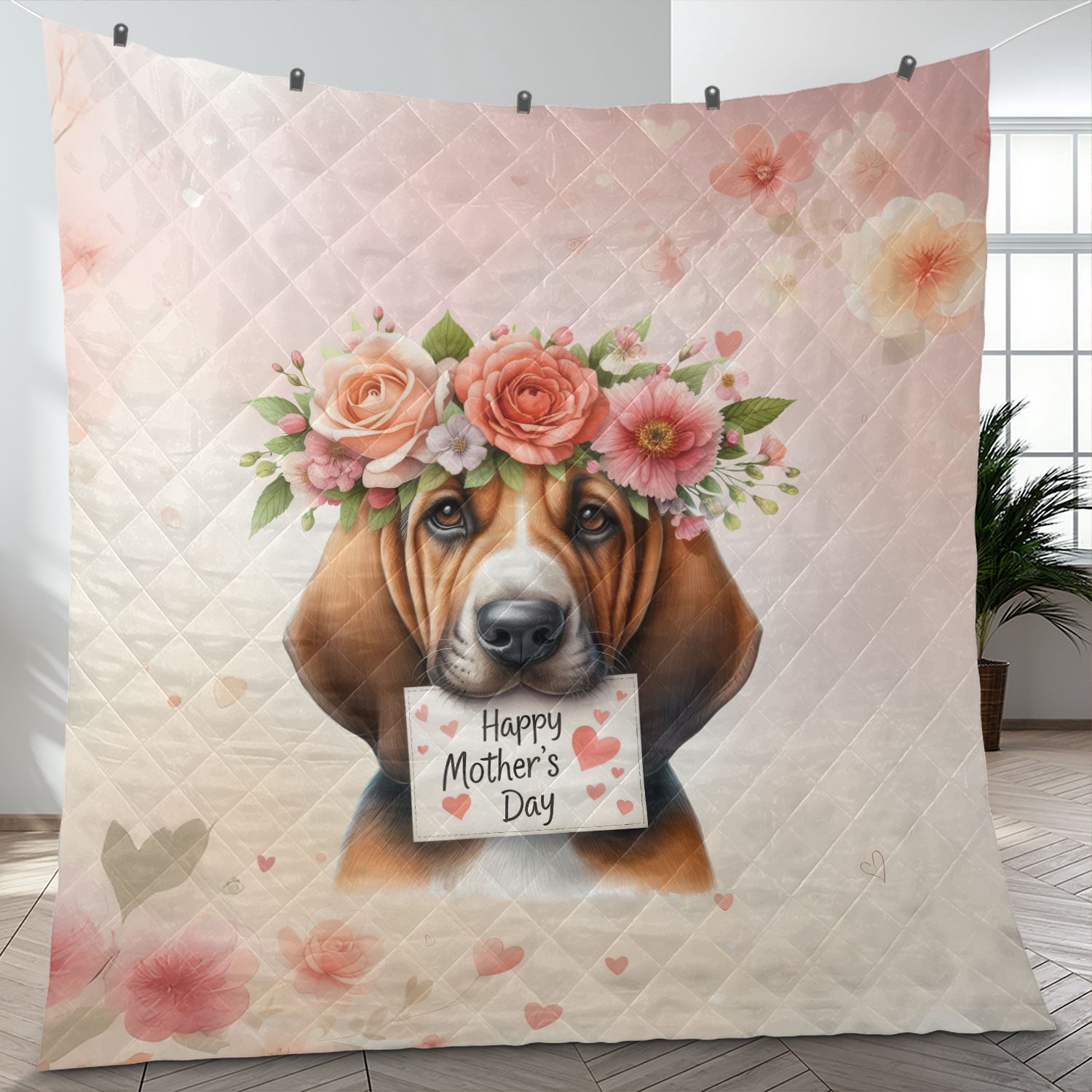 Happy Mother's Day Bloodhound with Flower Crown and Greeting Card Quilt Blanket Dog Lover Cozy Comforter Throw Blanket - 13004
