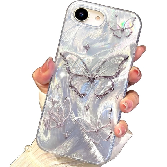 FU1999 Compact Case for iPhone 16e Shiny Silver Butterfly Design,Cute Trendy Soft Slim TPU Shockproof Protective Phone Cases Cover for Women Girls Aesthetic Glitter