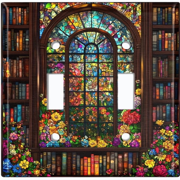 Metal Light Switch Wall Plate Outlet Cover (Printed Image of Colorful Floral Bookshelf - Double Toggle)