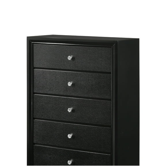 JERFIT 5-Drawer Dresser for Bedroom, Modern Glam Chest with Crystal Knobs, Solid Wood Storage Cabinet, Black Finish