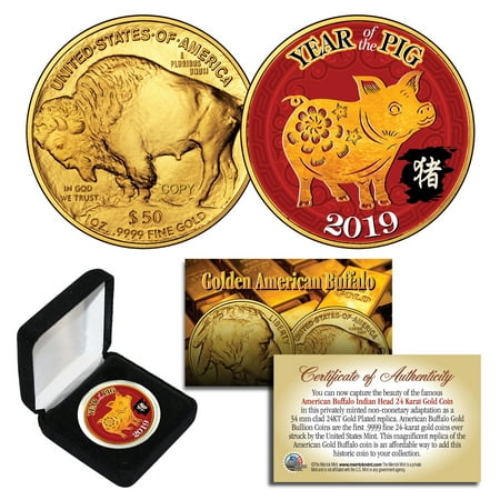 000 Coins - 2019 Lunar YEAR OF THE PIG 24K Gold Clad $50 American Buffalo Tribute Coin BOX