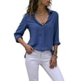 thumbnail image 3 of Women Lapel Button Down Chiffon Shirts Solid Color Office Blouse Casual Long Sleeve Tops Blue M, 3 of 8