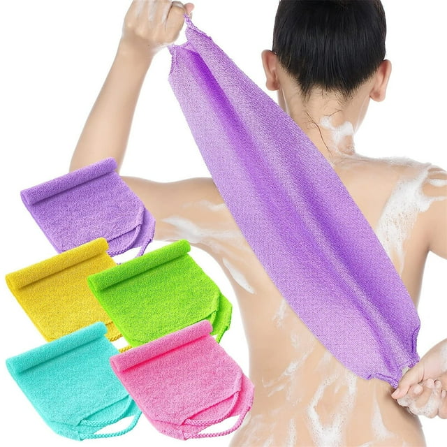 Fregadora de espalda de ducha larga para hombres y mujeres - Toallita exfoliante de nailon de 47x20 cm con asas - Toalla de baño universal para facilitar el alcance - 8 colores disponibles