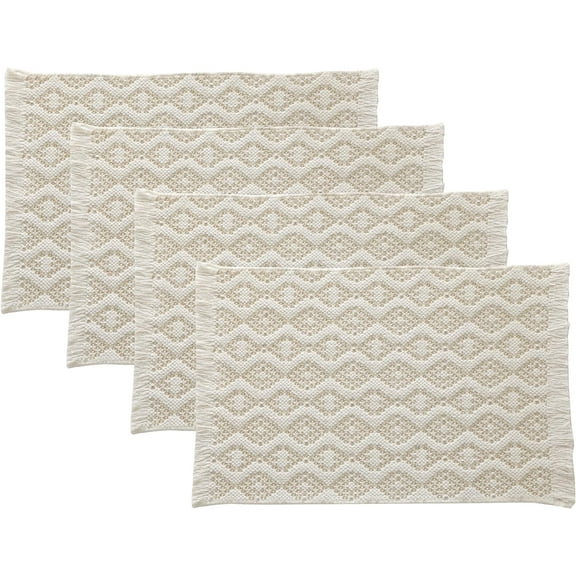 Fennco Styles Modern Diamond Woven Placemats 12" W x 19" L, Set of 4 - Ivory Geometric Fringe Table Mats for Dining Room, Banquets, Family Gatherings, and Holidays