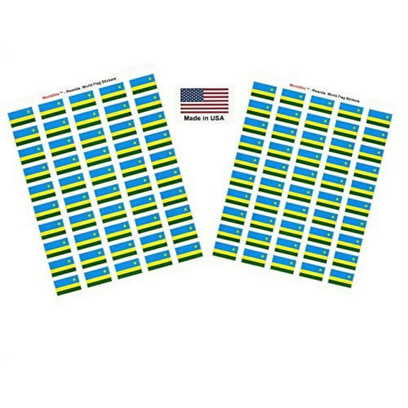 Made in USA! 100 Country Flag 1.5" x 1" Self Adhesive World Flag Scrapbook Stickers, Two Sheets of 50, 100 International Sticker Decal Flags Total (Rwanda)