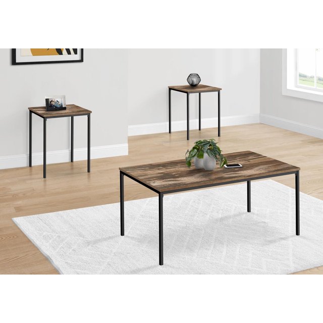 Contemporary three-piece table set featuring coffee, end tables with black metal frames and brown reclaimed laminate tops in a bright room.