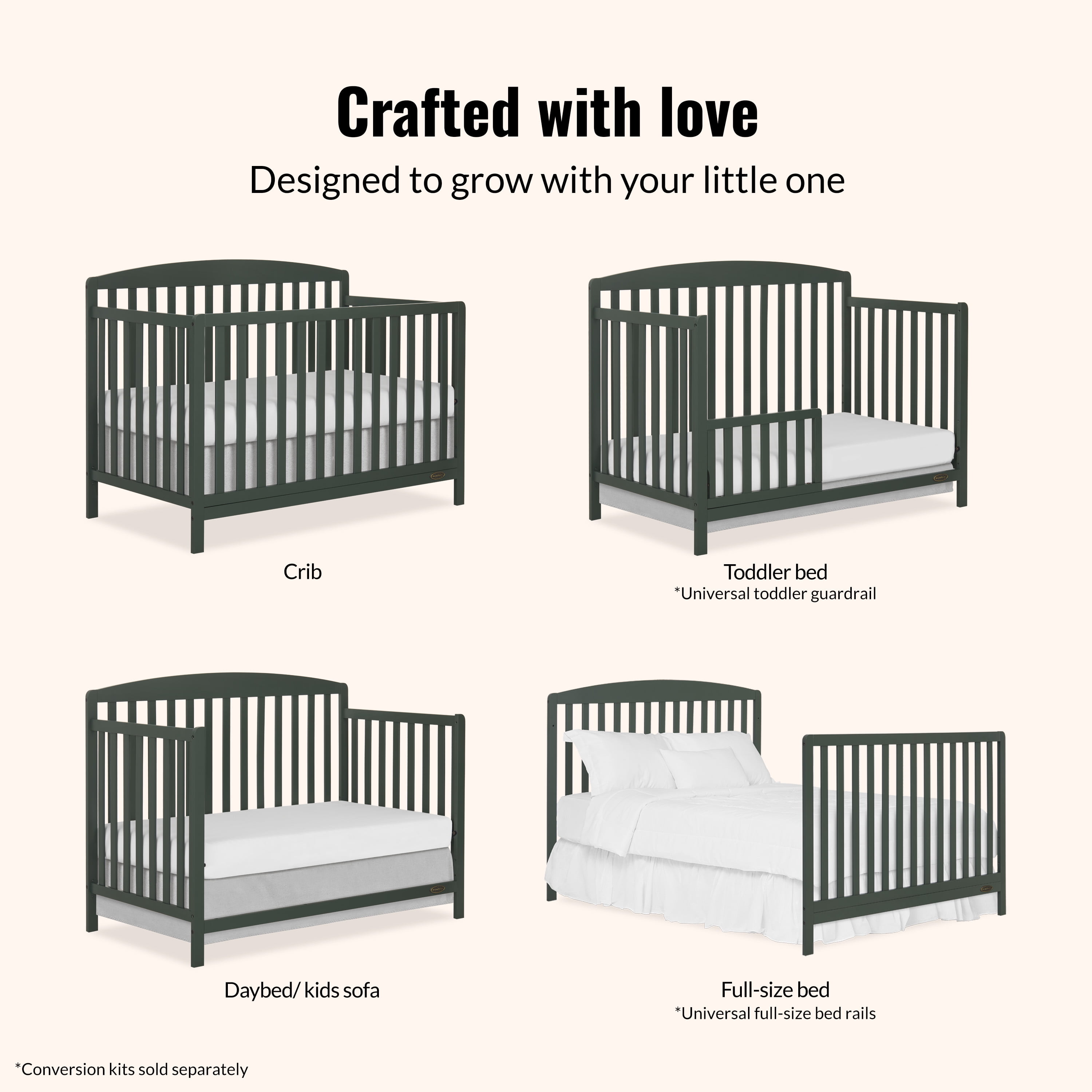 Dream On Me Odelle 5-in-1 Convertible Crib, Converts from Baby Crib to Toddler Bed, Day Bed, Kids Bed and Full Size Bed, Three Adjustable Mattress Height Positions, Forest Green