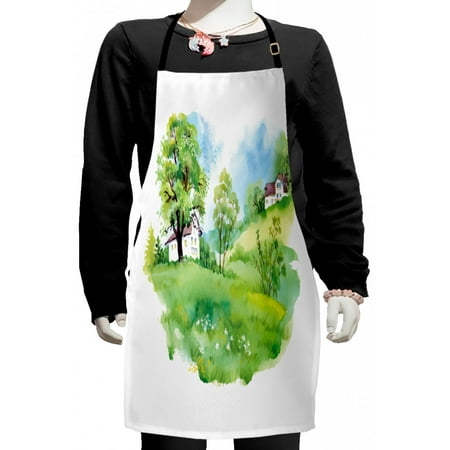 

Country Kids Apron Watercolor Effect Digital Image Print of Rural Life in Nature with Houses Landscape Boys Girls Apron Bib with Adjustable Ties for Cooking Baking Painting Multicolor by Ambesonne