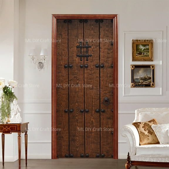 D Vintage Wood Grain Door Stickers Peel and Stick Vinyl Customized Size Retro Wooden Full Door Wrap