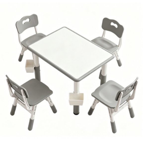 DIANJIE Height Adjustable Kids Desk with 4 Chairs Set White & Gray Graffiti Wipeable Toddler Activity Table with Storage Baskets
