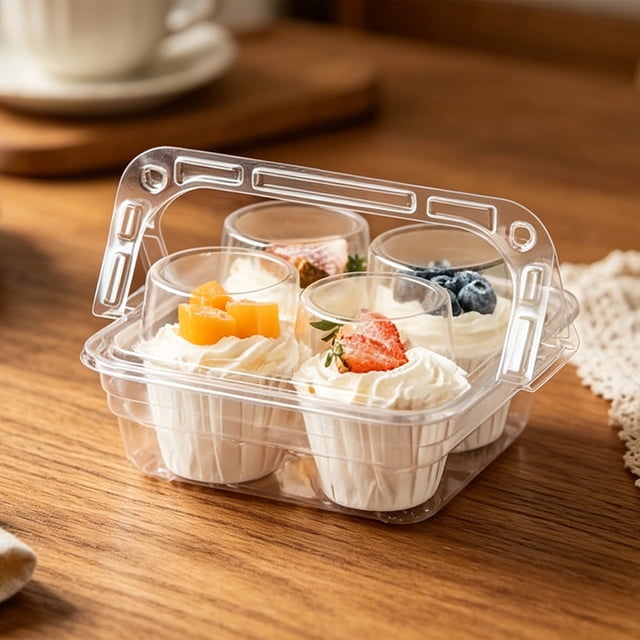 4-Cupcake Packaging Box, Transparent Plastic Takeout Container with Handle for Muffins, Egg Tarts, Pastries, 10-Pack