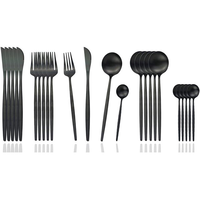 JASHII Silverware Set, 24-Piece Stainless Steel Flatware Set,Kitchen Utensil Set Service for 6,Tableware Cutlery Set for Home, Dishwasher Safe (Matte Black)