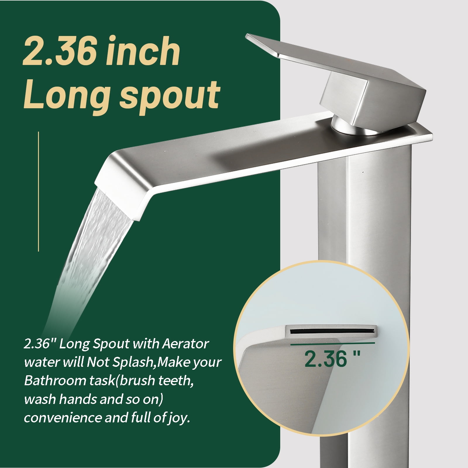 Cobbe Bathroom Vessel Sink Faucet Single-Handle with Waterfall Spout and Pop-Up Drain Single-Hole Installation Brushed Nickel