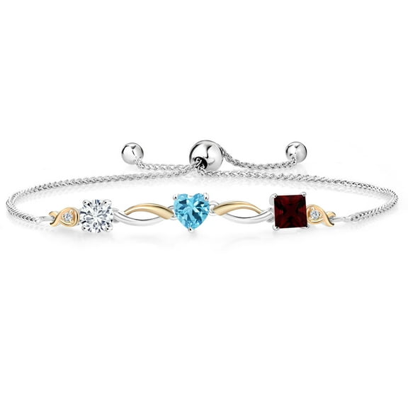 Gem Stone King 925 Silver and 10K Yellow Gold Swiss Blue Topaz Red Garnet and Lab Grown Diamond Tennis Bracelet for Women By Keren Hanan (2.37 cttw, Adjustable up To 9 inch)