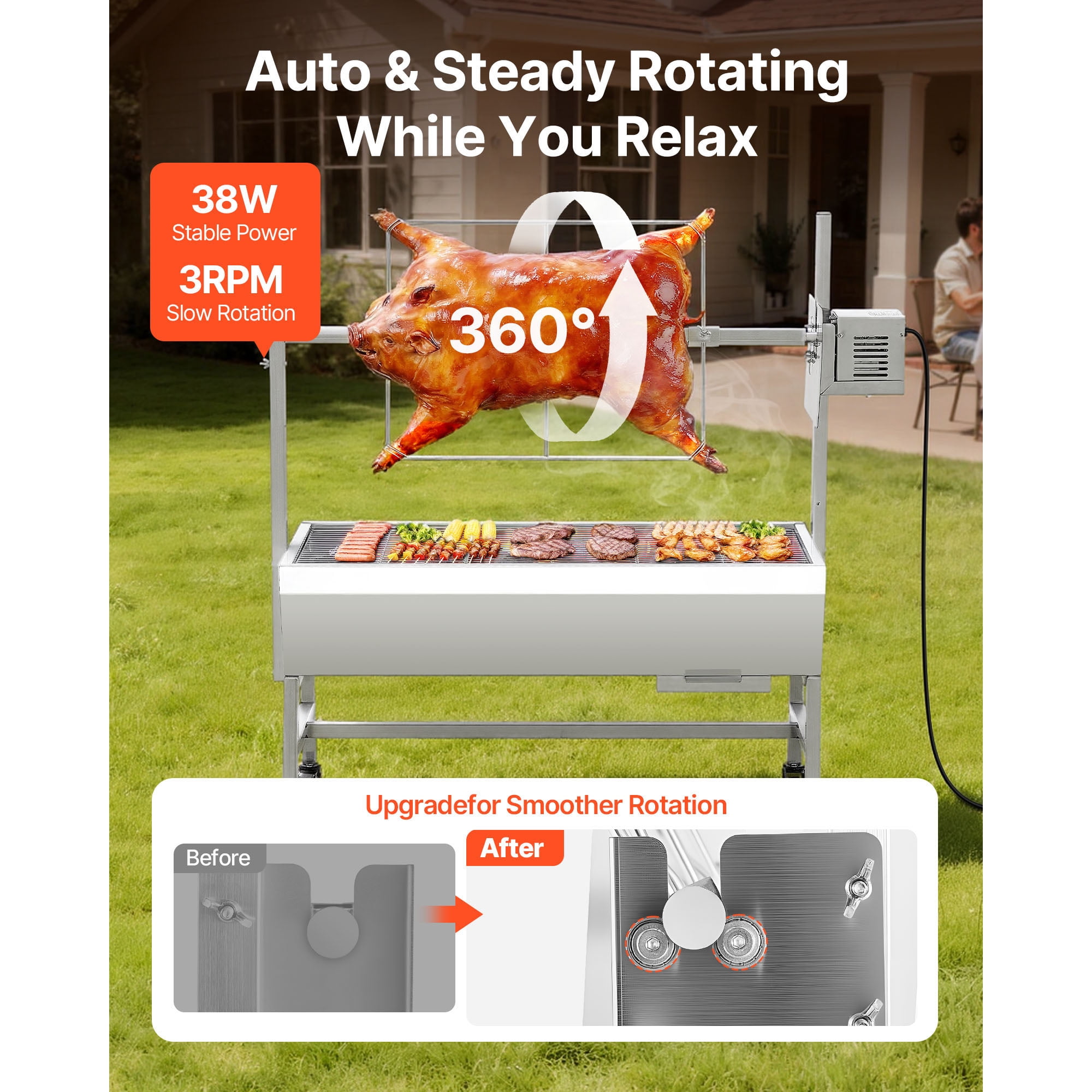 KFFKFF Rotisserie Grill with 38W Motor, Outdoor BBQ Spit Roaster for Pig & Lamb, Charcoal Grill with 132 lbs Capacity, Adjustable 7-Level Height, Stainless Steel Design with Wheels