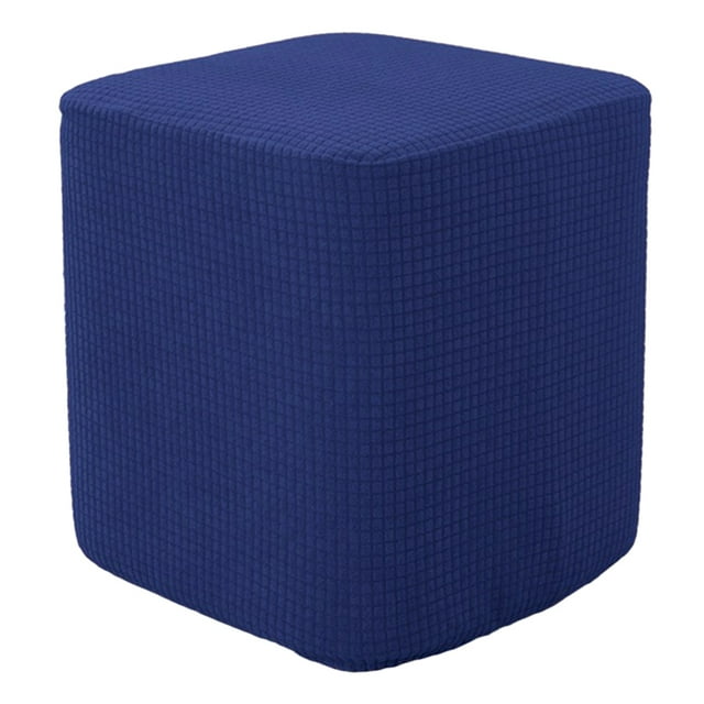 Stretch Jacquard Polyester Square Ottoman Covers Decorative Footstool Slipcover Dark Blue