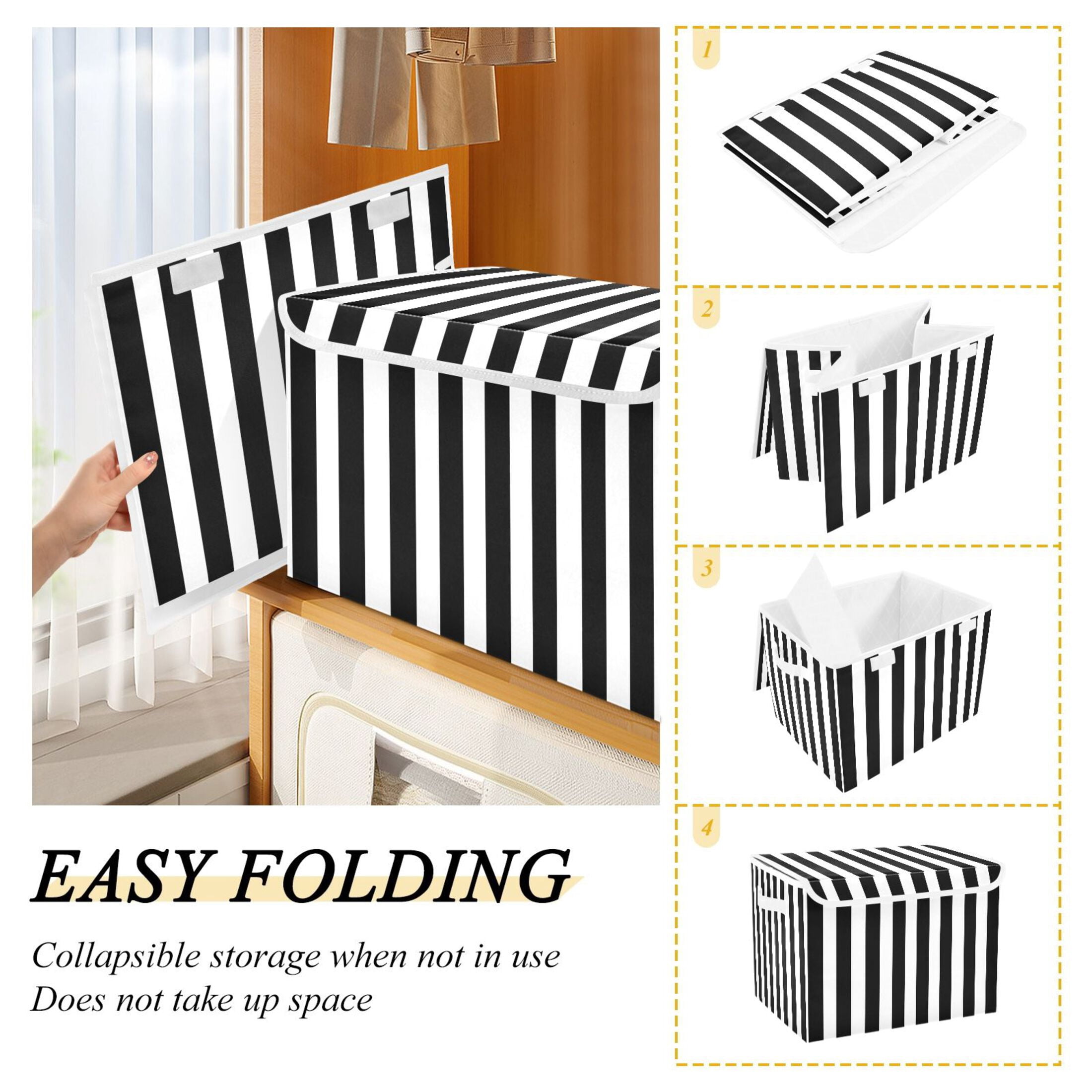 Ryvnso White and Black Stripe Pattern Large Lidded Foldable Storage Baskets Cubes Boxes Lids Bin for Home