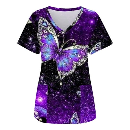 

V Neck T Shirts for Women Scrub Top Short Sleeve Casual V Neck Scrub Top