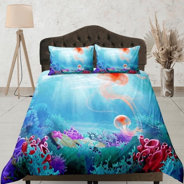 Bajo el mar medusas ropa de cama funda nórdica azul, rubor océano animal marino