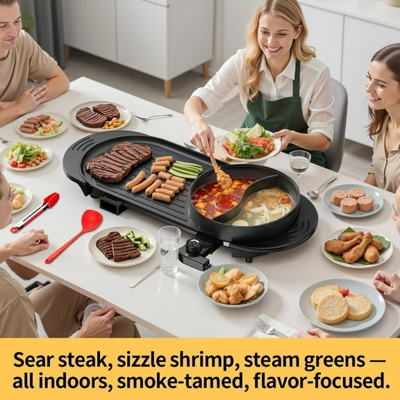 AORAN 2200W Electric Grill & Hot Pot Combo - 26.6" Large Yin-Yang Nonstick Skillet, Indoor Smokeless BBQ Grill for Family Party