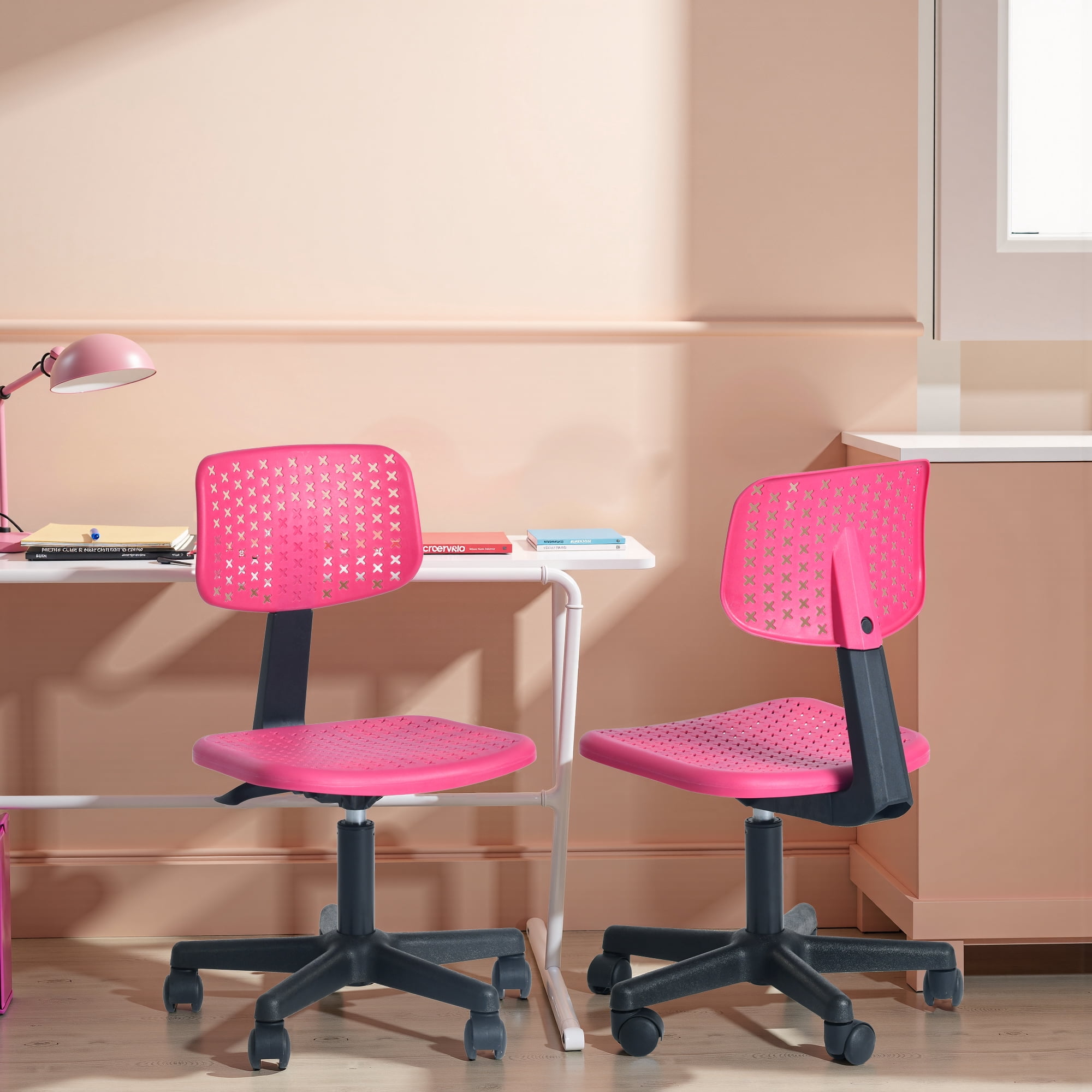 Homy Casa Small Adjustable Kids Desk Chair Set of 2 with Swivel Wheels, Pink Seat and Backrest