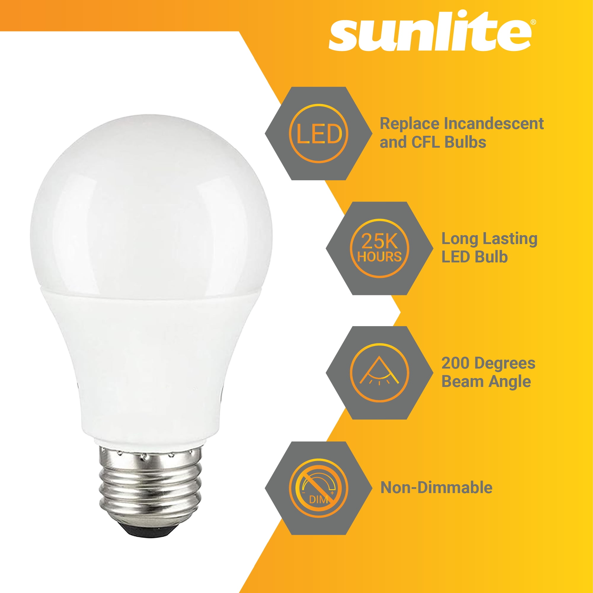 Sunlite 41912 LED A19 Light Bulbs, 14 Watts (100W Equivalent), 1500 Lumens, Medium Base (E26), Non-Dimmable, UL Listed, 2700K - Soft White, 6 Pack