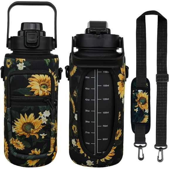 64 oz Sunflower Water Bottle with Sleeve BPA Free Half Gallon Water Jug with Straw and Time Marker, Motivational Gym Workout Pregnancy Water Bottles Gifts for Women