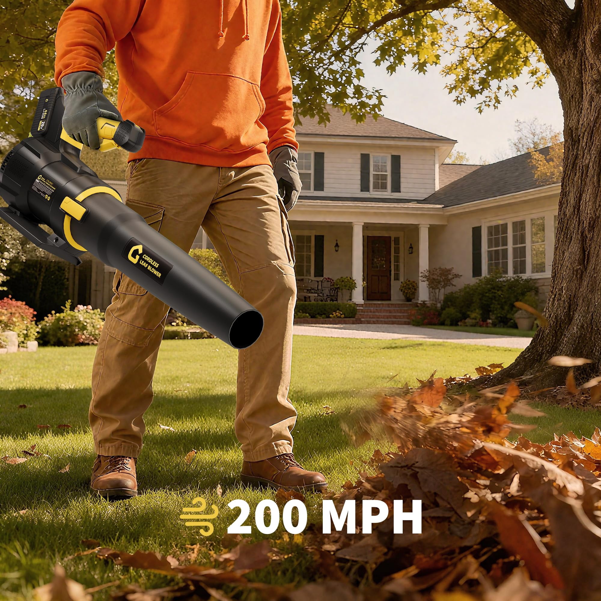 20 v Cordless Leaf Blower, 350 CFM Battery Blower with 4.0 Ah Battery & Charger, 250 w Portable Lightweight Leaf Blower for Driveway, Patio Lawn & Yard Cleaning - Yellow