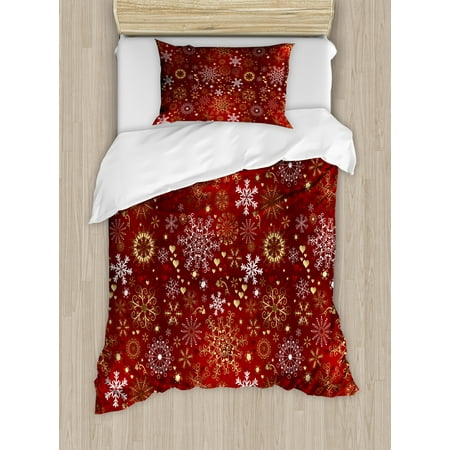 - Winter Duvet Cover Set, Old Fashioned Christmas Hearts and Swirls Vintage Festive Composition, Decorative Bedding Set with Pillow Shams, Vermilion Yellow White, by Ambesonne