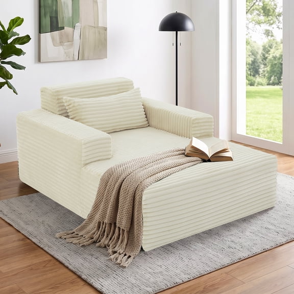 57.09" Oversized Chaise Lounge Chair Indoor Furniture,Plush Corduroy Upholstered Sofa Bed Cozy Sleeper Couch with Pillows for Living Room,Bedroom,No Assembly Required,Beige