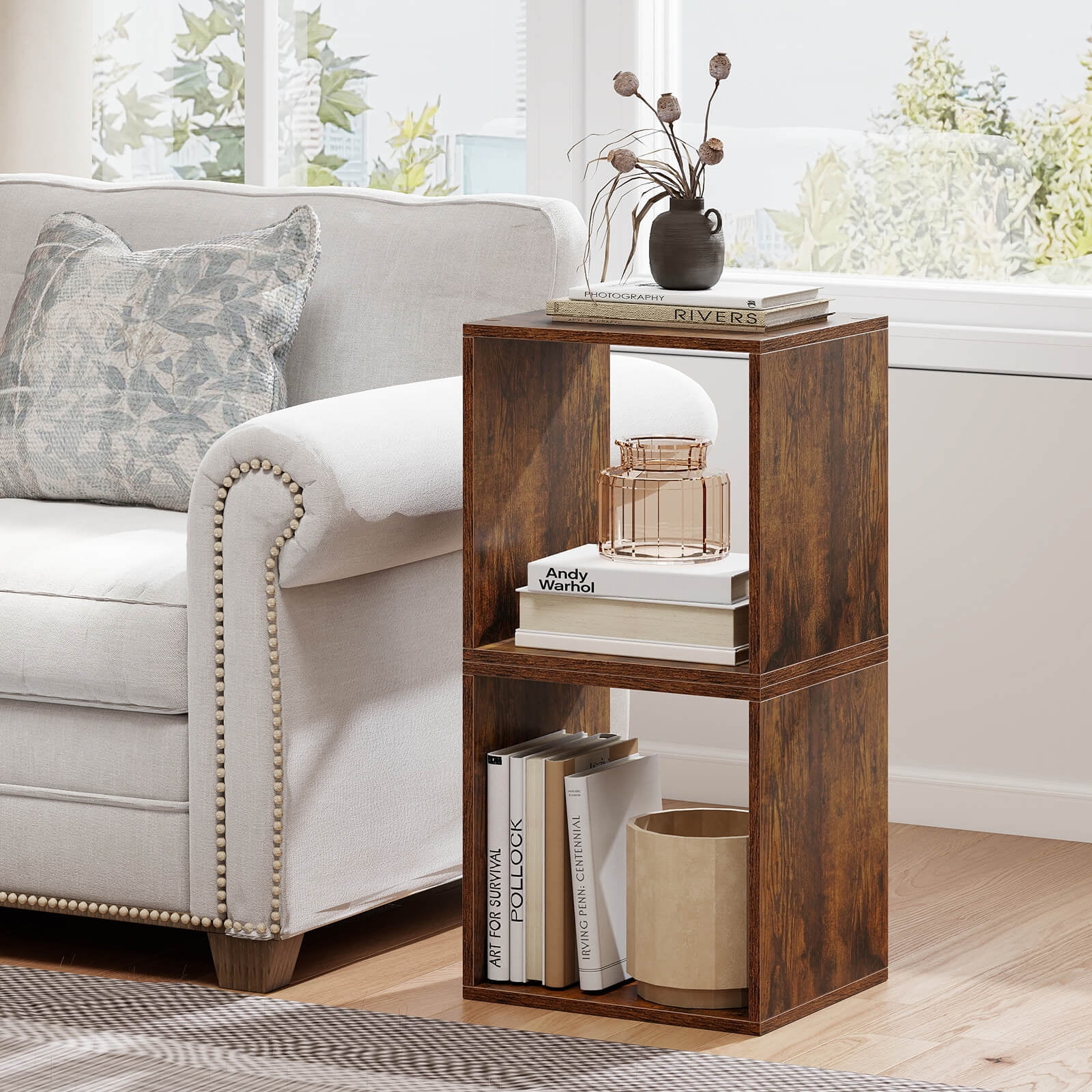 Costway 2 PCS Stackable Storage Cube Free-standing Storage Organizer Bookcase for Bedroom Brown